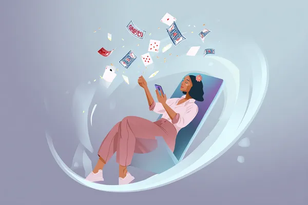 A young woman relaxing with her phone while dynamic casino elements float around her, illustrating the smooth mobile experience offered by the WA777PK app.