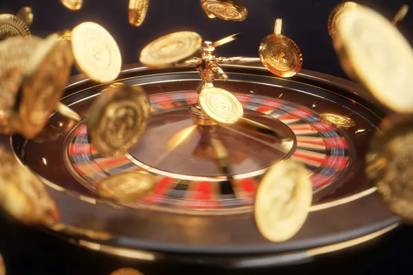A close-up shot of golden coins falling around a spinning roulette wheel, representing immersive casino action at WA777PK.