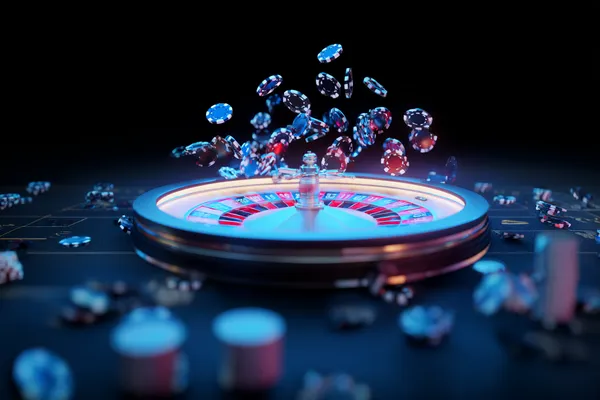 A glowing roulette wheel with cascading chips, symbolizing the engaging live and instant-win games available on WA777PK.